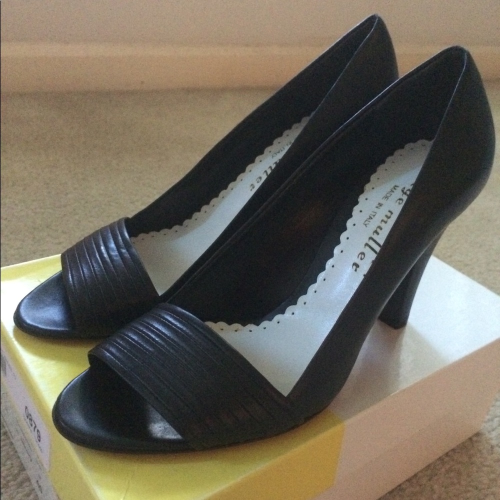 Bettye Muller Black Leather Open Toe Pumps